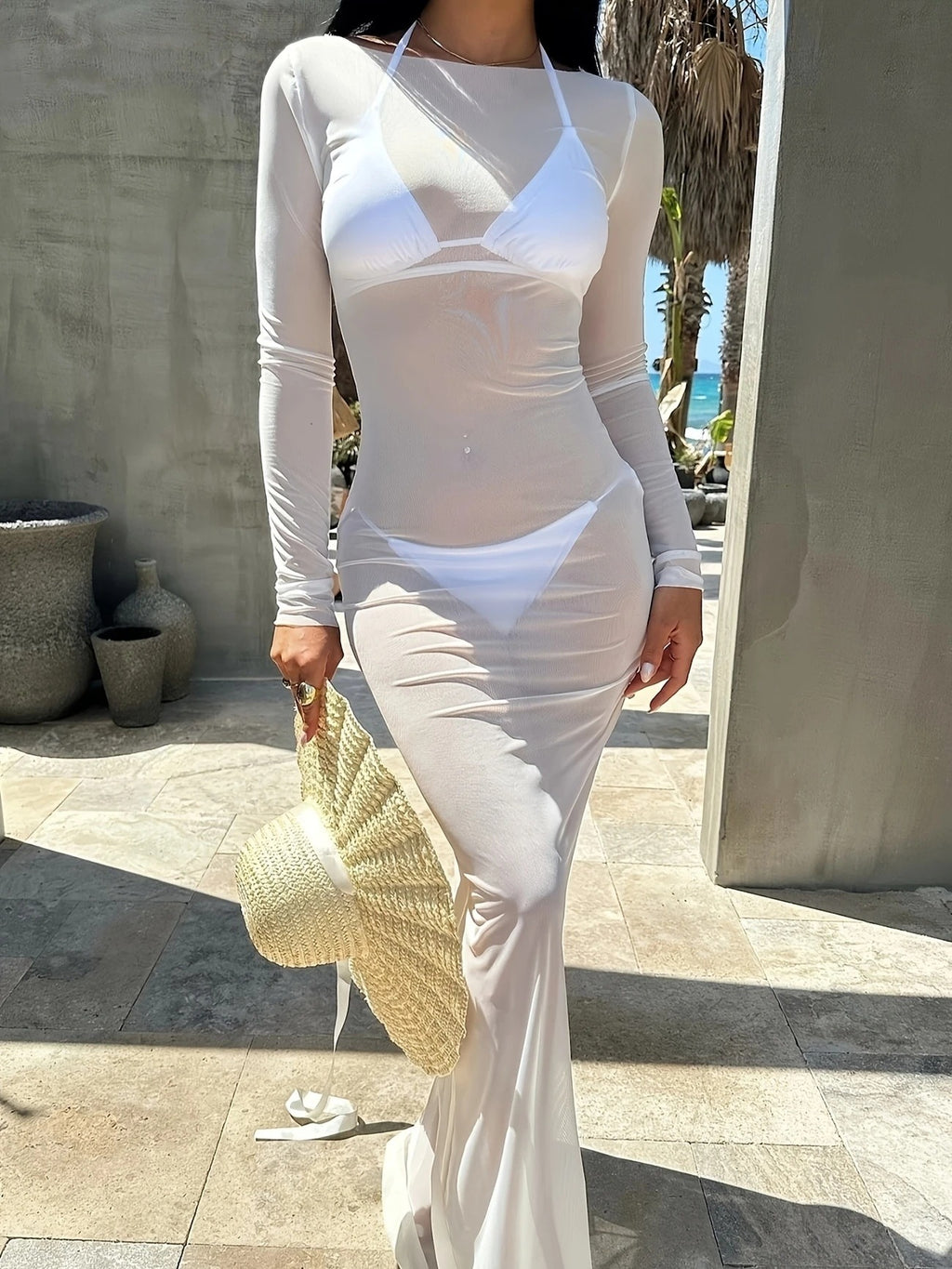Sheer Mesh Long-Sleeve Maxi Dress