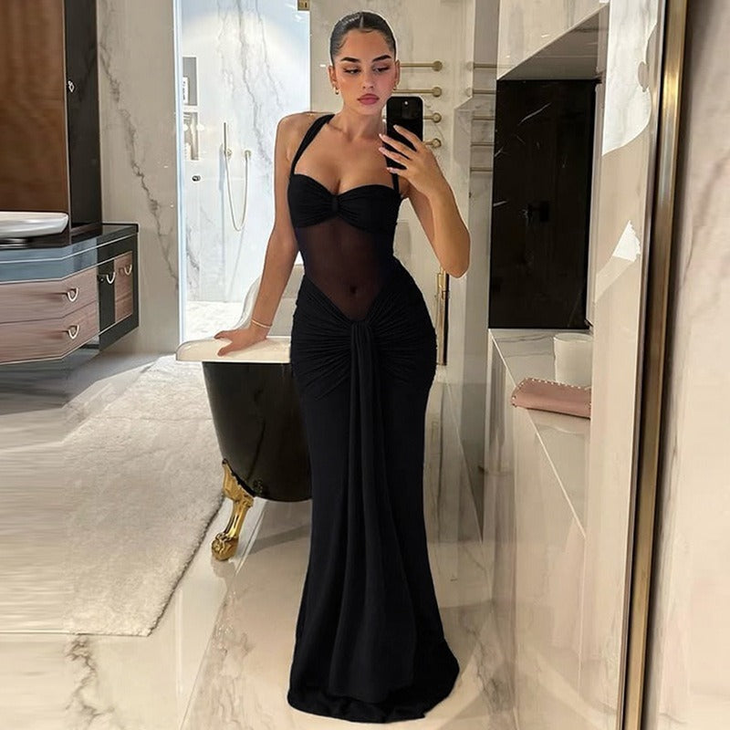 Mesh Panel Halter Maxi Dress