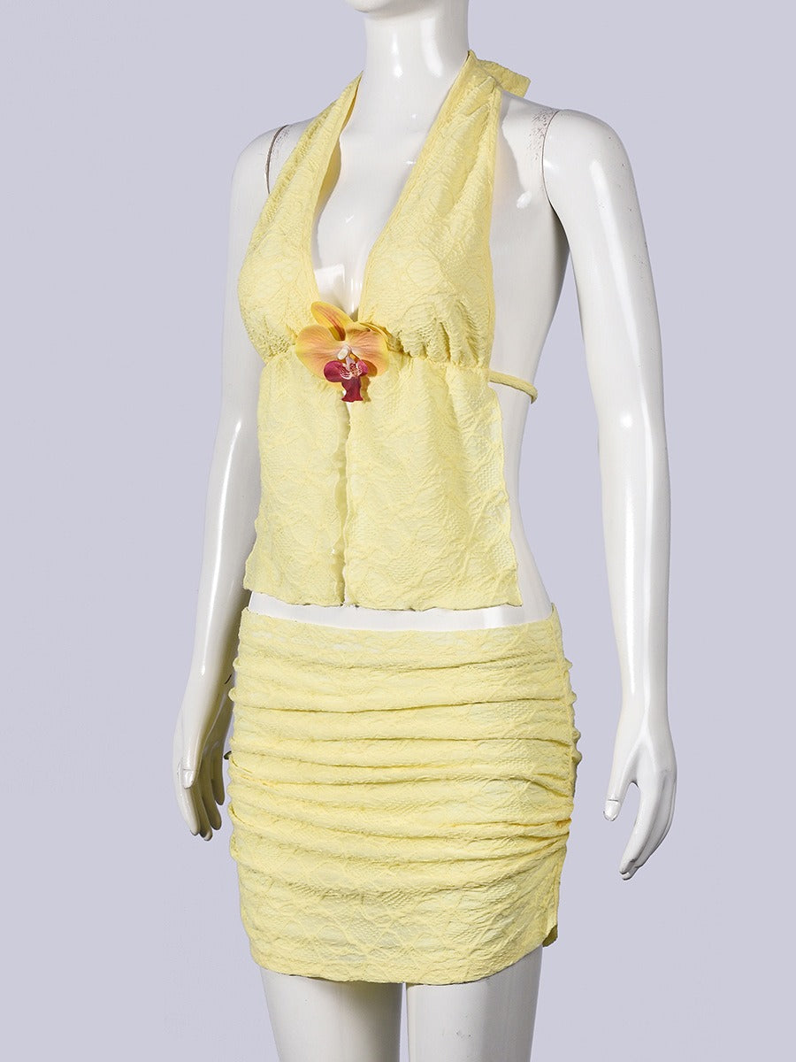 Lemon Lace Halter Top & Ruched Mini Skirt Set