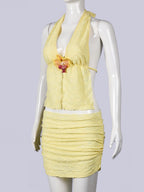 Lemon Lace Halter Top & Ruched Mini Skirt Set