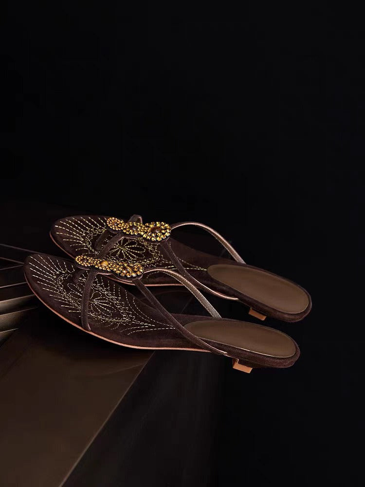 Layla Embroidered Rhinestone Toe-Loop Sandals