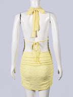 Lemon Lace Halter Top & Ruched Mini Skirt Set