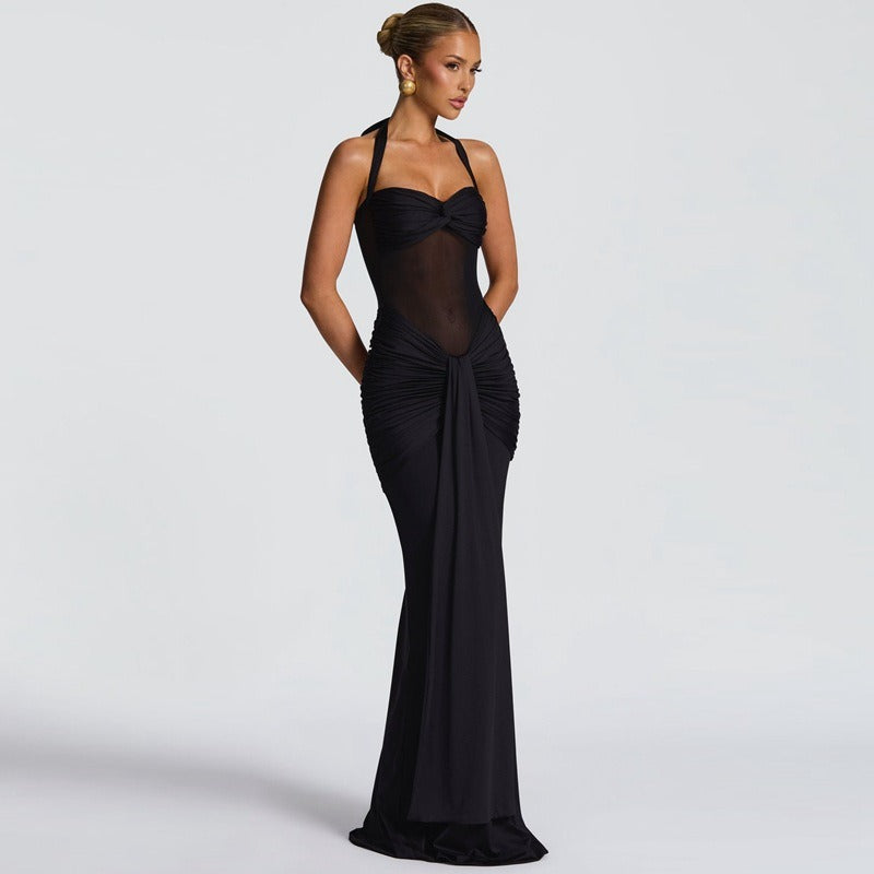 Mesh Panel Halter Maxi Dress