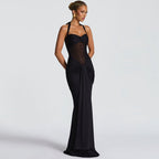 Mesh Panel Halter Maxi Dress
