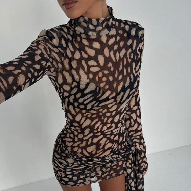 Nevina Leopard Mesh Tie Mini Dress
