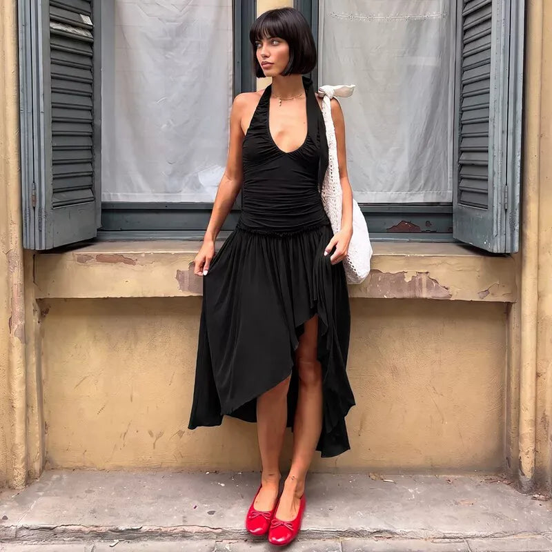 Eden Asymmetric Ruched Halter Maxi Dress
