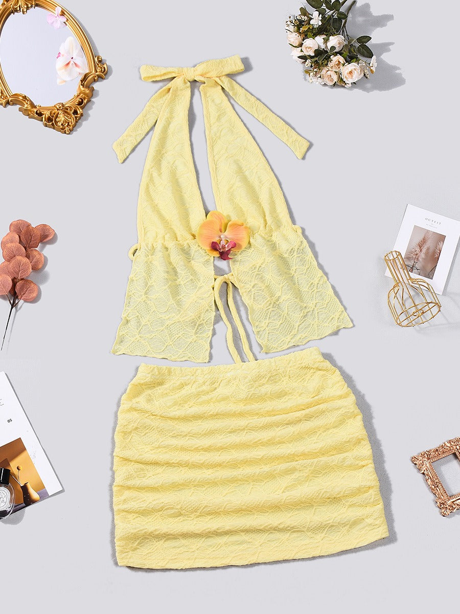 Lemon Lace Halter Top & Ruched Mini Skirt Set