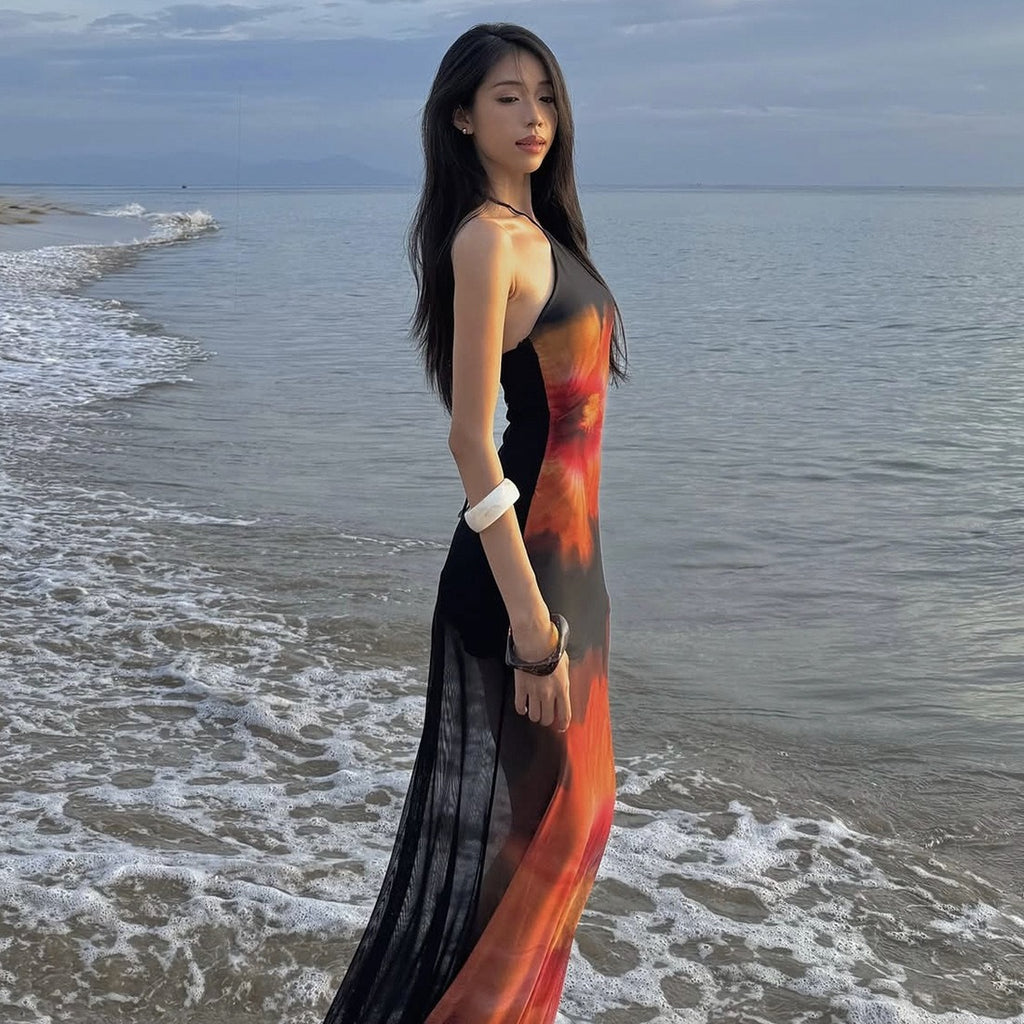 Elin Floral Mesh Halter Maxi Dress