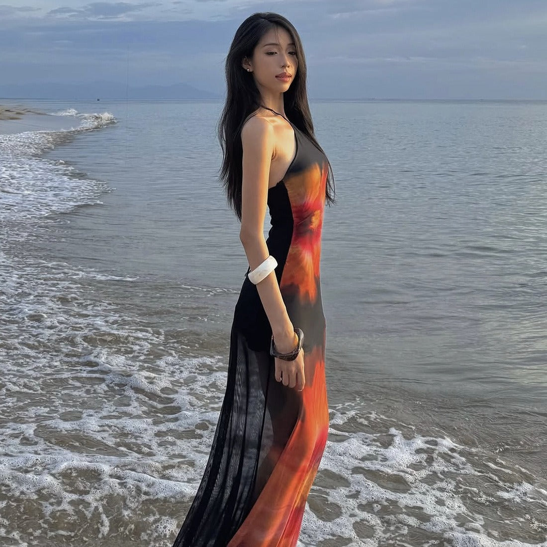 Elin Floral Mesh Halter Maxi Dress