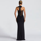 Mesh Panel Halter Maxi Dress
