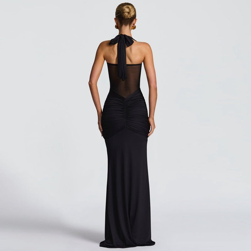 Mesh Panel Halter Maxi Dress