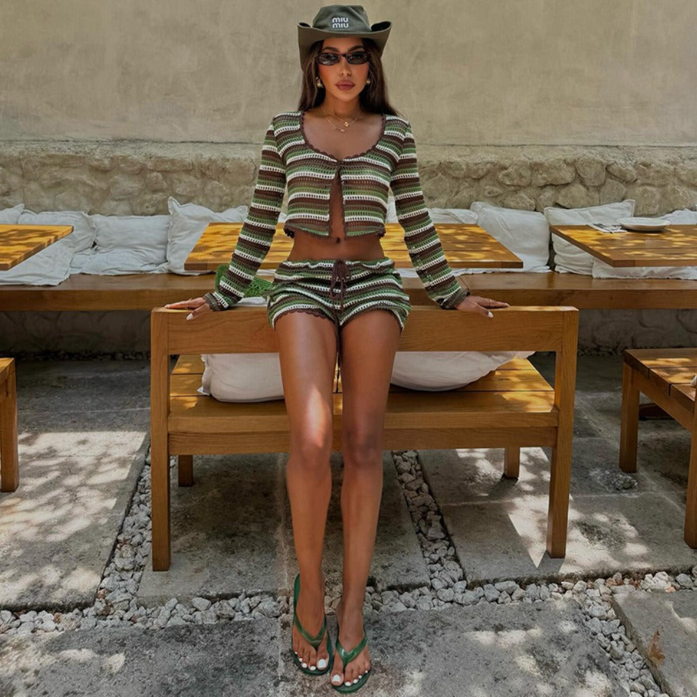 Carlotta Striped Crochet Shorts Set