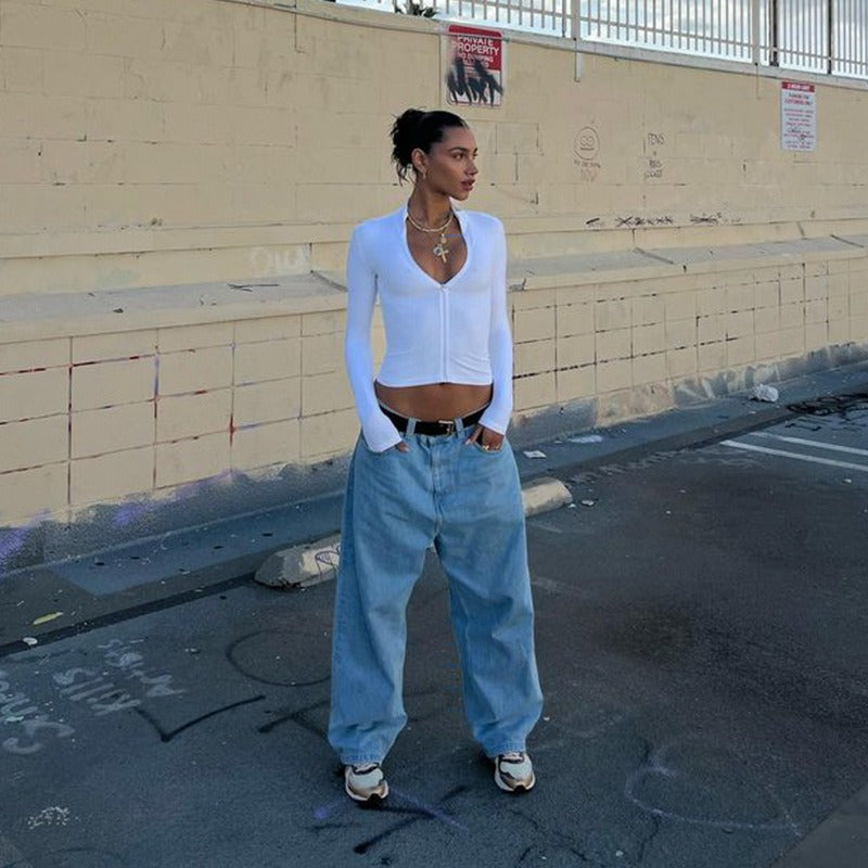 Azelya White Zip Front Long Sleeve Top