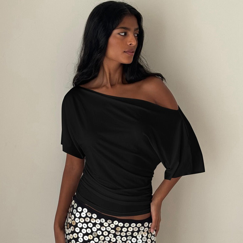 Ruched One-Shoulder Short Sleeve Top