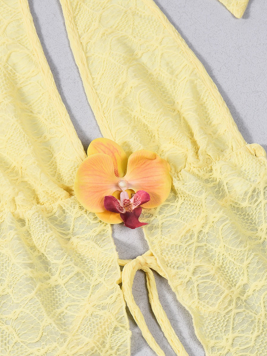 Lemon Lace Halter Top & Ruched Mini Skirt Set