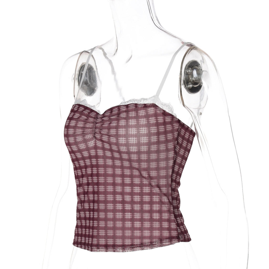 Gingham Lace Trim Cami Top