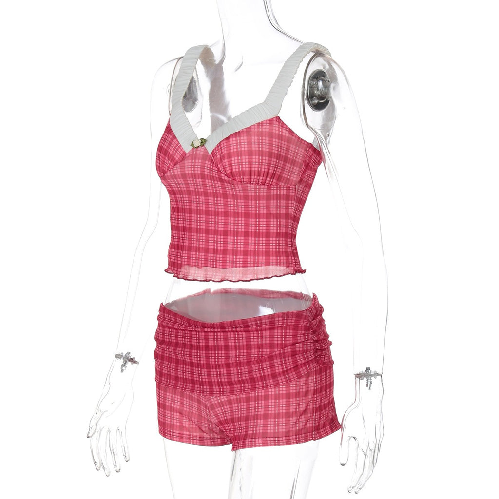 Plaid Ruffle Trim Cami Top & Shorts Set