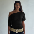 Ruched One-Shoulder Short Sleeve Top