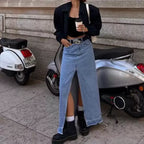 Orietta Front Slit Denim Maxi Skirt