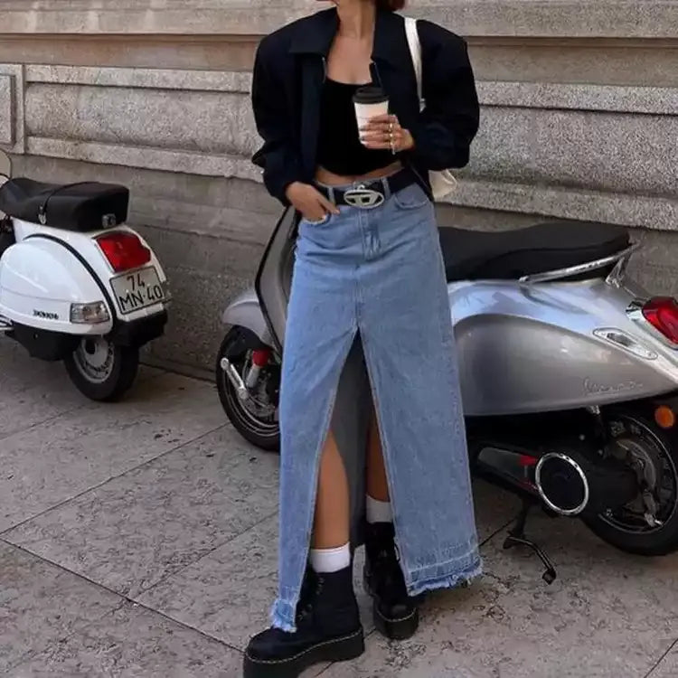 Orietta Front Slit Denim Maxi Skirt