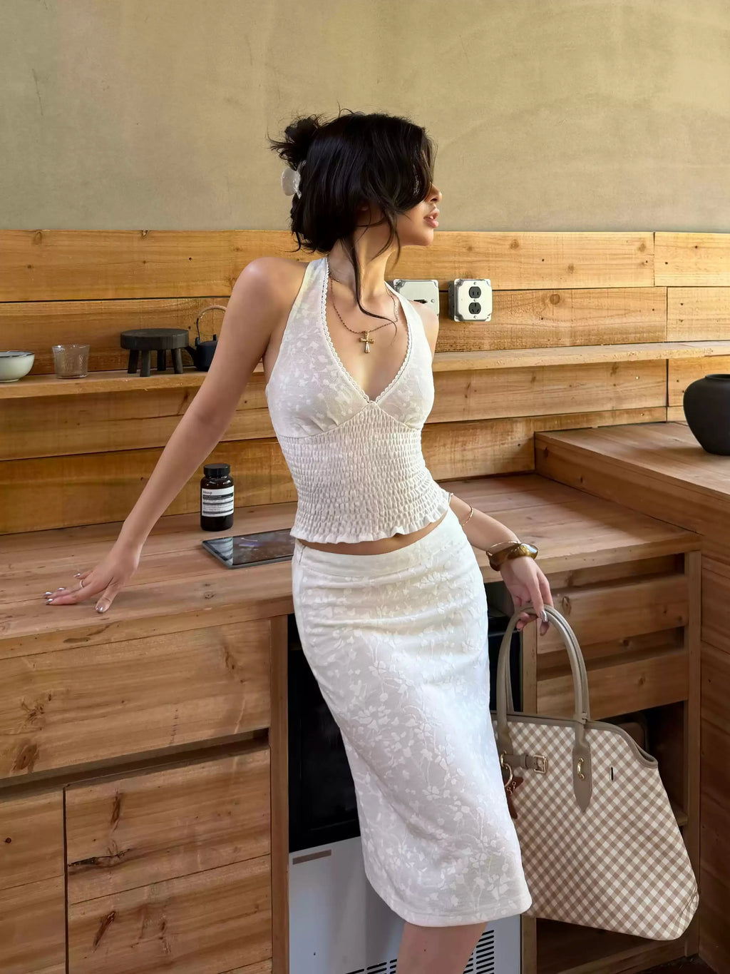Kiara Floral Lace Halter Top & Midi Skirt Set