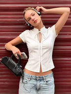 Luna Tie-Neck Fitted Short-Sleeve Top