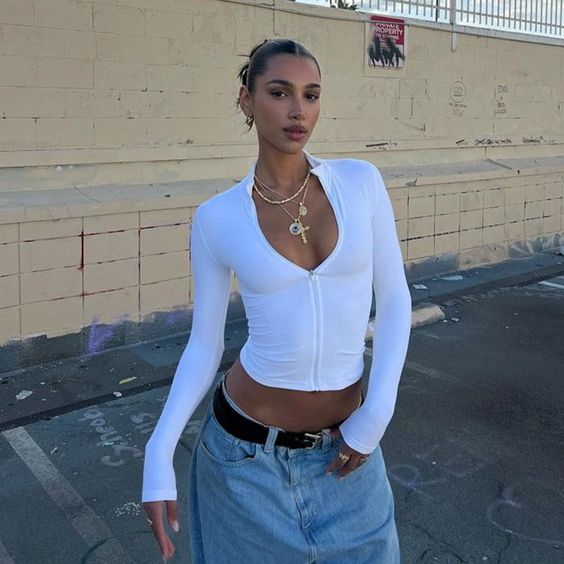 Azelya White Zip Front Long Sleeve Top