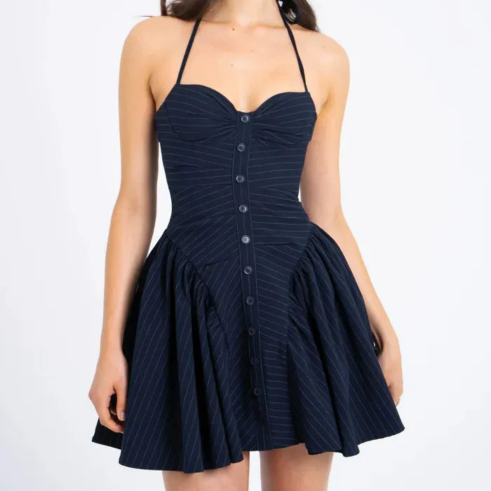 Ceren Navy Pinstripe Halter Mini Dress