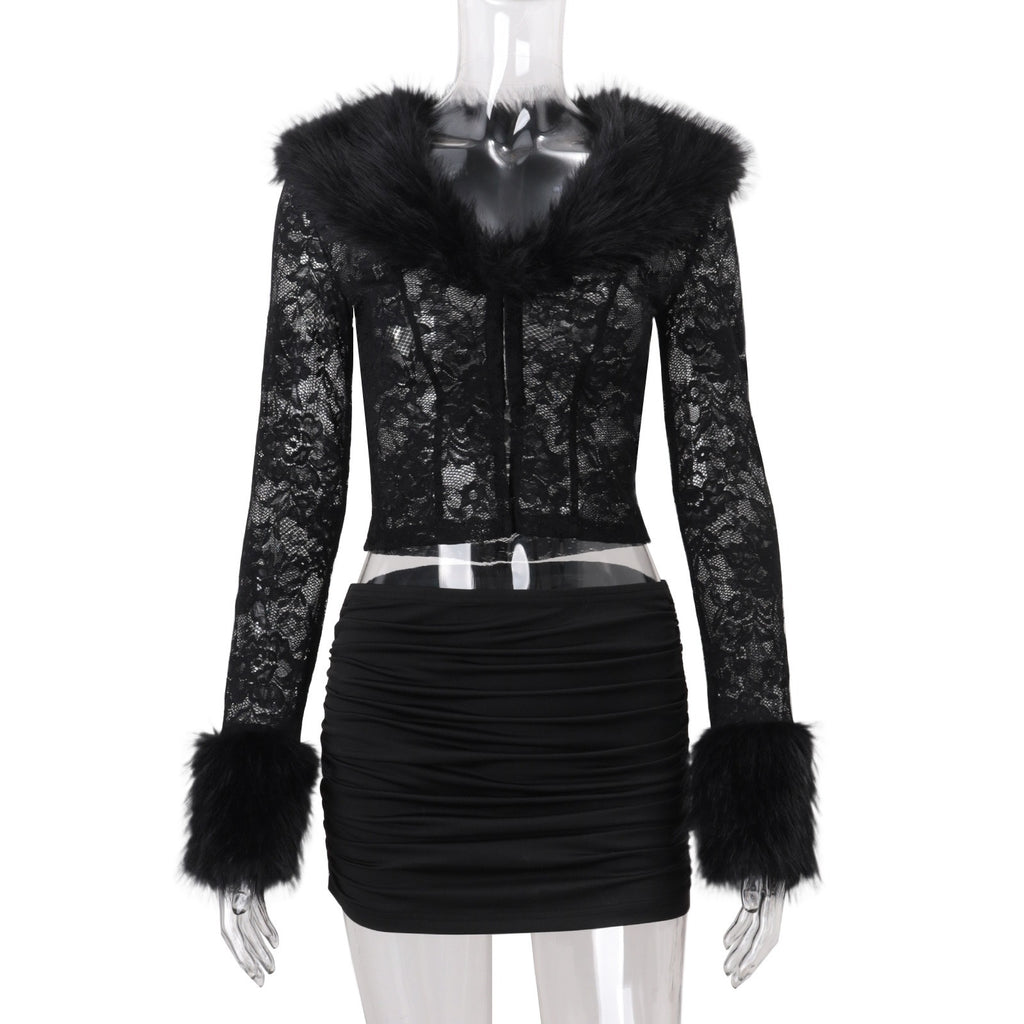 Faux Fur Lace Top & Mini Skirt Set