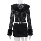 Faux Fur Lace Top & Mini Skirt Set