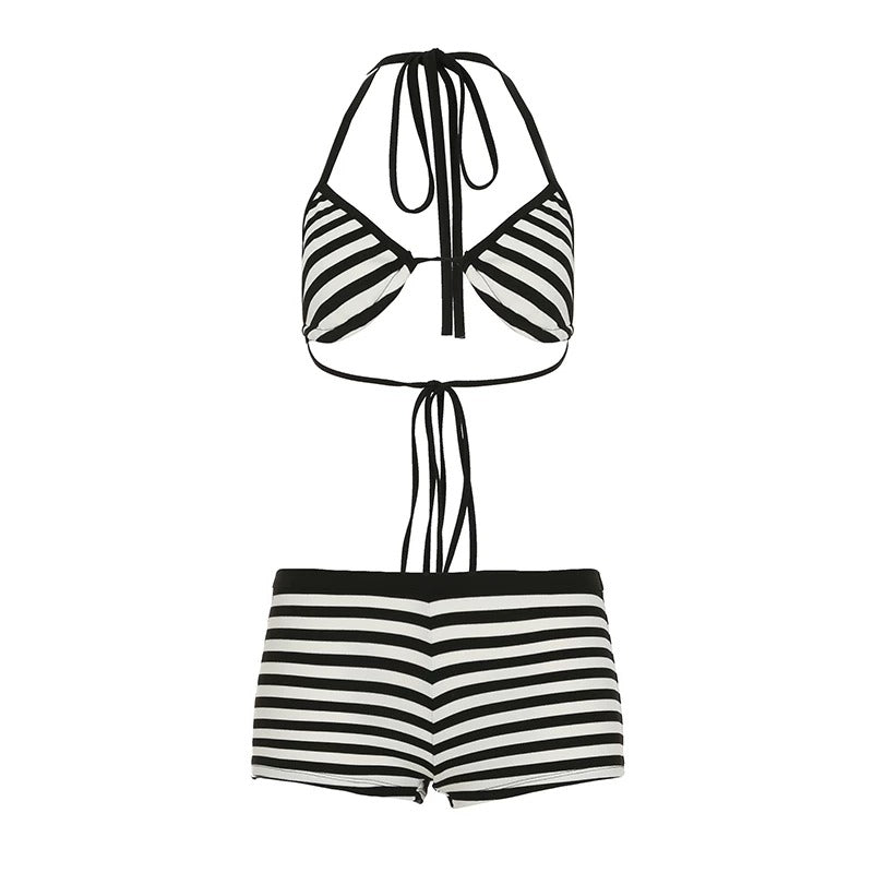 Elira Striped Halter Bikini Top & Shorts Set