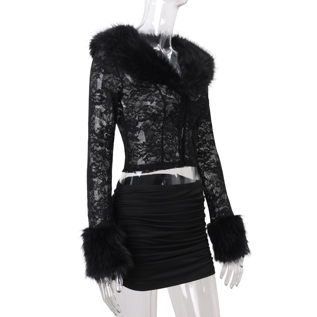 Faux Fur Lace Top & Mini Skirt Set