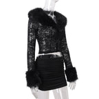 Faux Fur Lace Top & Mini Skirt Set
