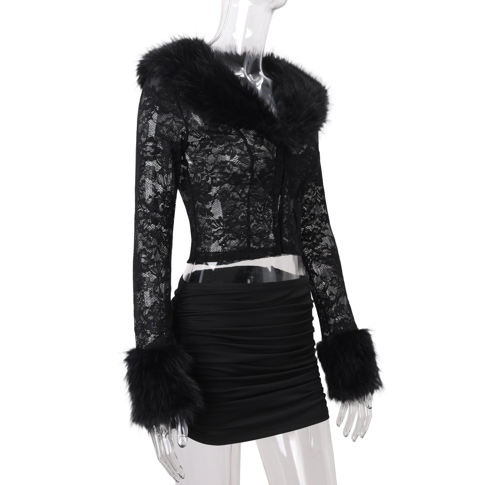 Faux Fur Lace Top & Mini Skirt Set