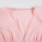 Lace-Trim Puff Sleeve Button Blouse