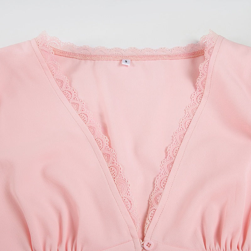 Lace-Trim Puff Sleeve Button Blouse