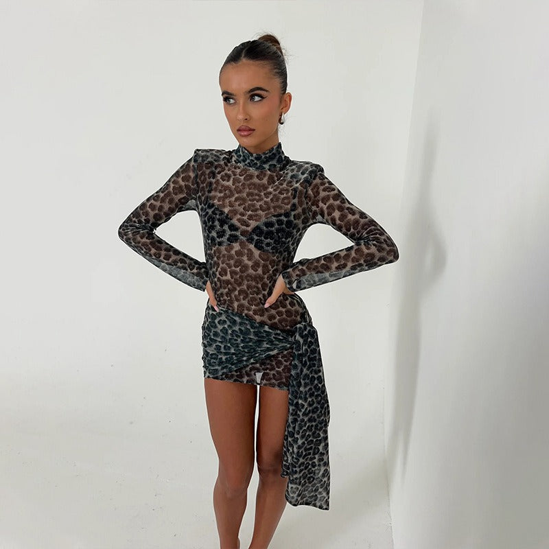 Nevina Leopard Mesh Tie Mini Dress