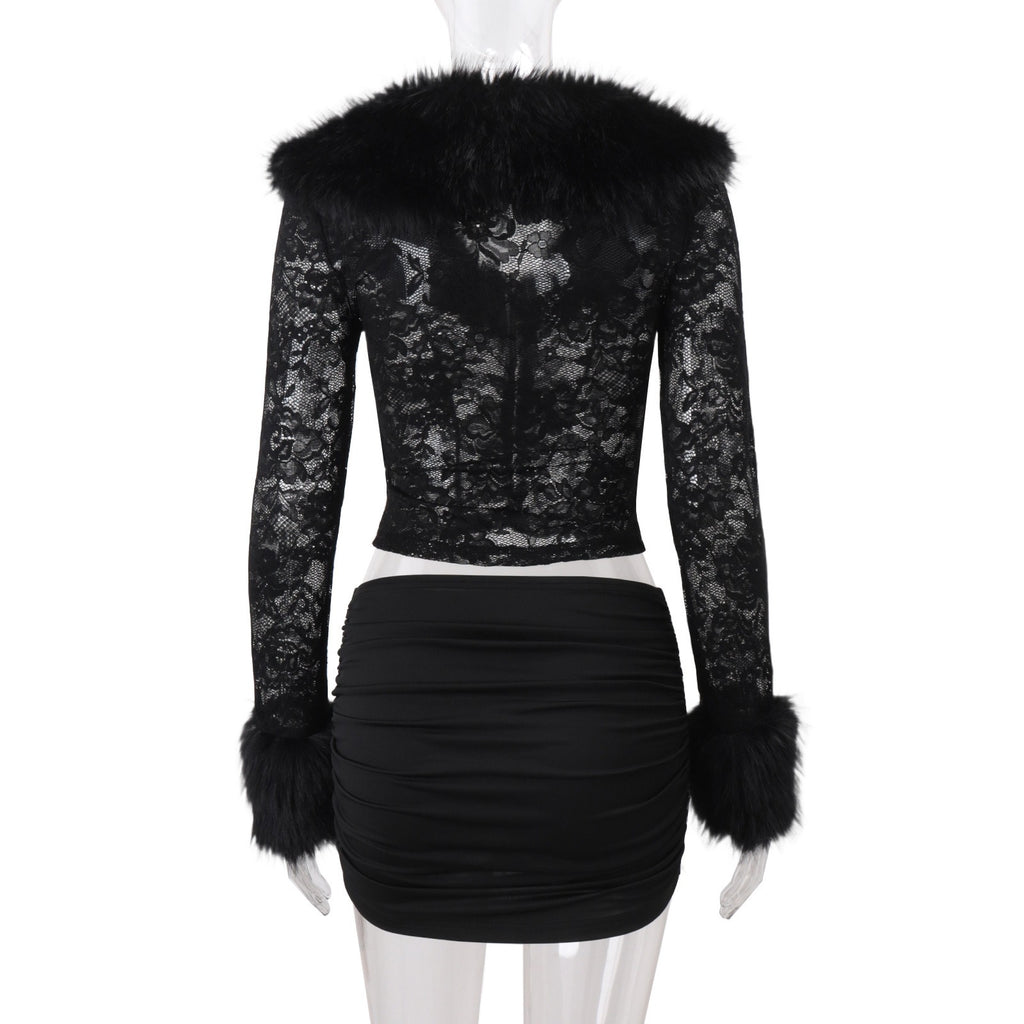 Faux Fur Lace Top & Mini Skirt Set
