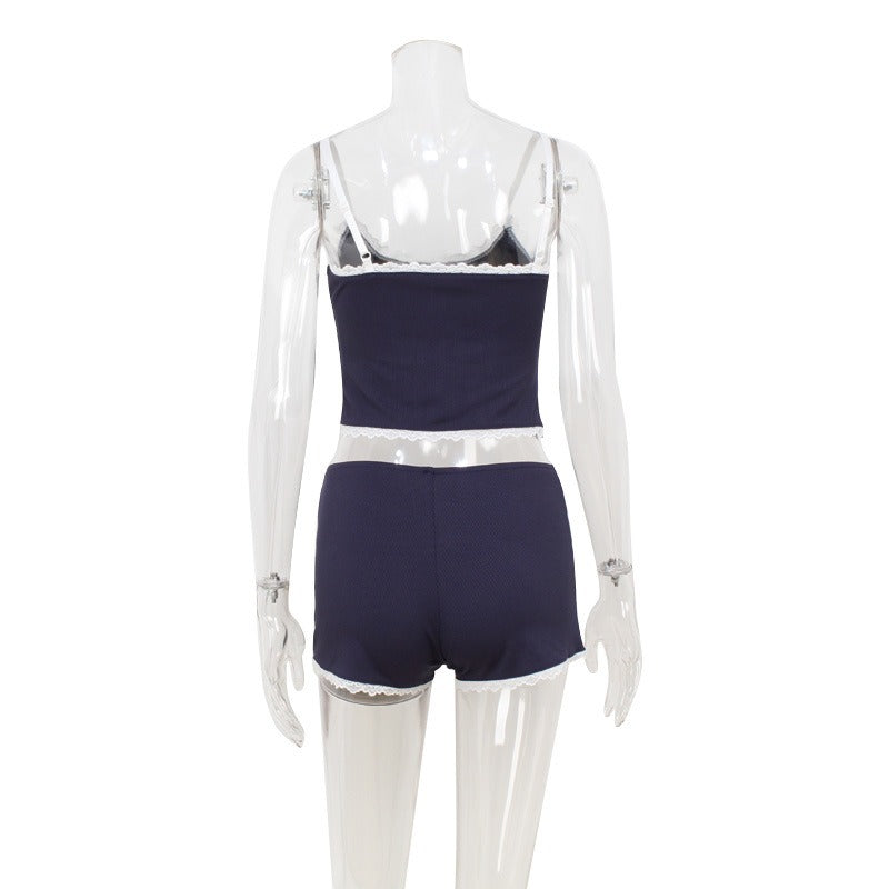 Daryna Navy Lace Trim Lounge Set
