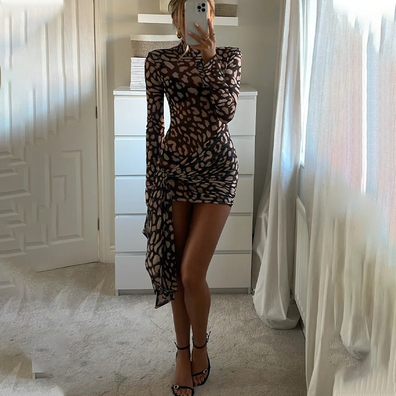 Nevina Leopard Mesh Tie Mini Dress
