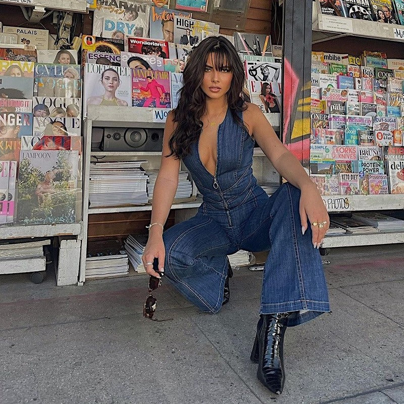 Deep V Zip-Front Denim Jumpsuit