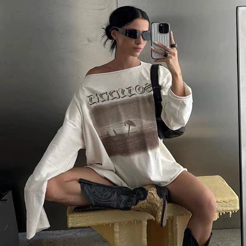 Evie Vintage Graphic Off-Shoulder Long Sleeve Top