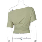 Ruched One-Shoulder Short Sleeve Top
