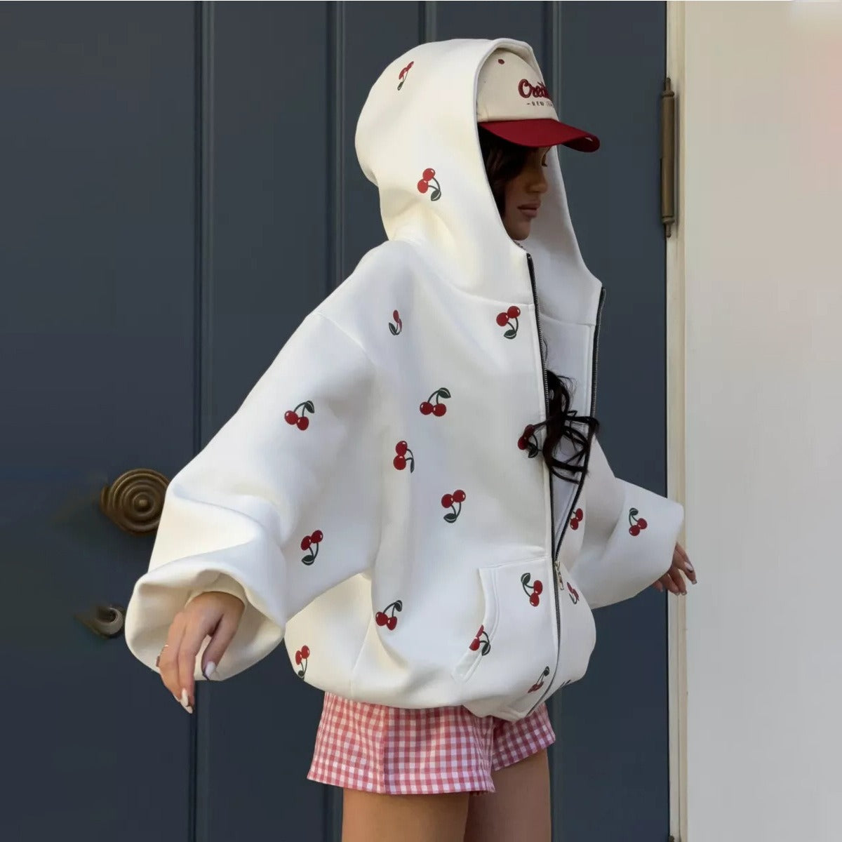 Cherry Print Oversized Zip-Up Hoodie
