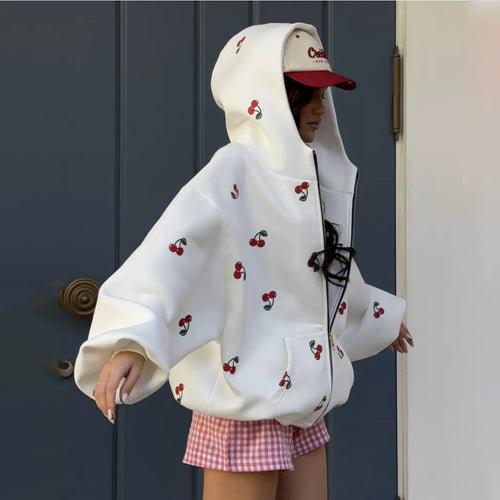 Cherry Print Oversized Zip-Up Hoodie