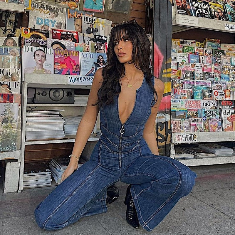 Deep V Zip-Front Denim Jumpsuit