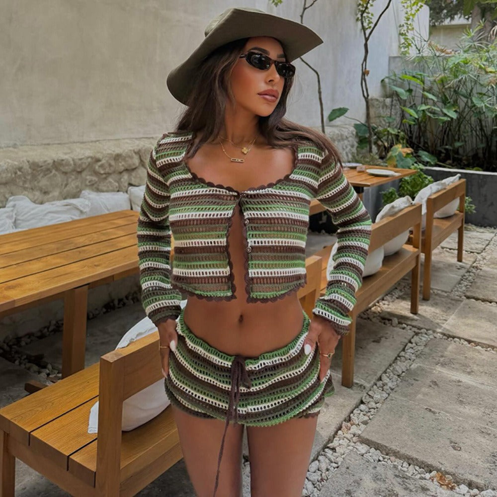 Carlotta Striped Crochet Shorts Set
