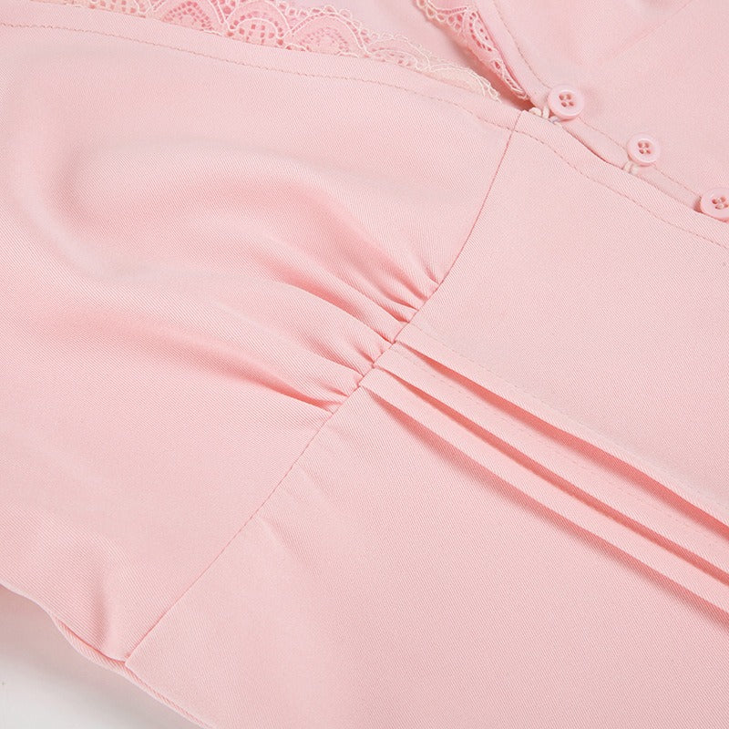 Lace-Trim Puff Sleeve Button Blouse