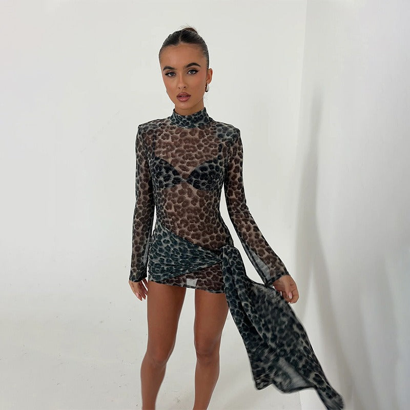 Nevina Leopard Mesh Tie Mini Dress