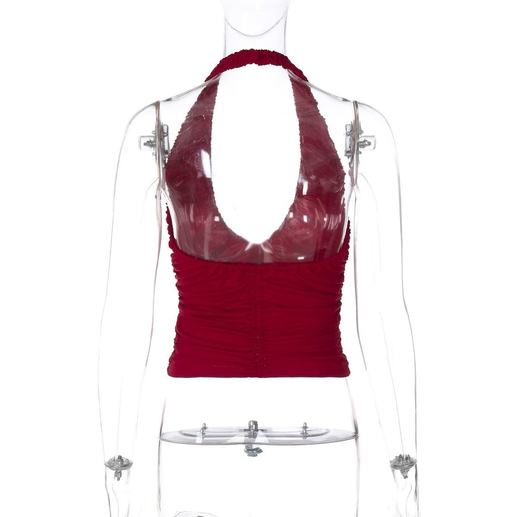 Red Ruched Plunge Halter Top